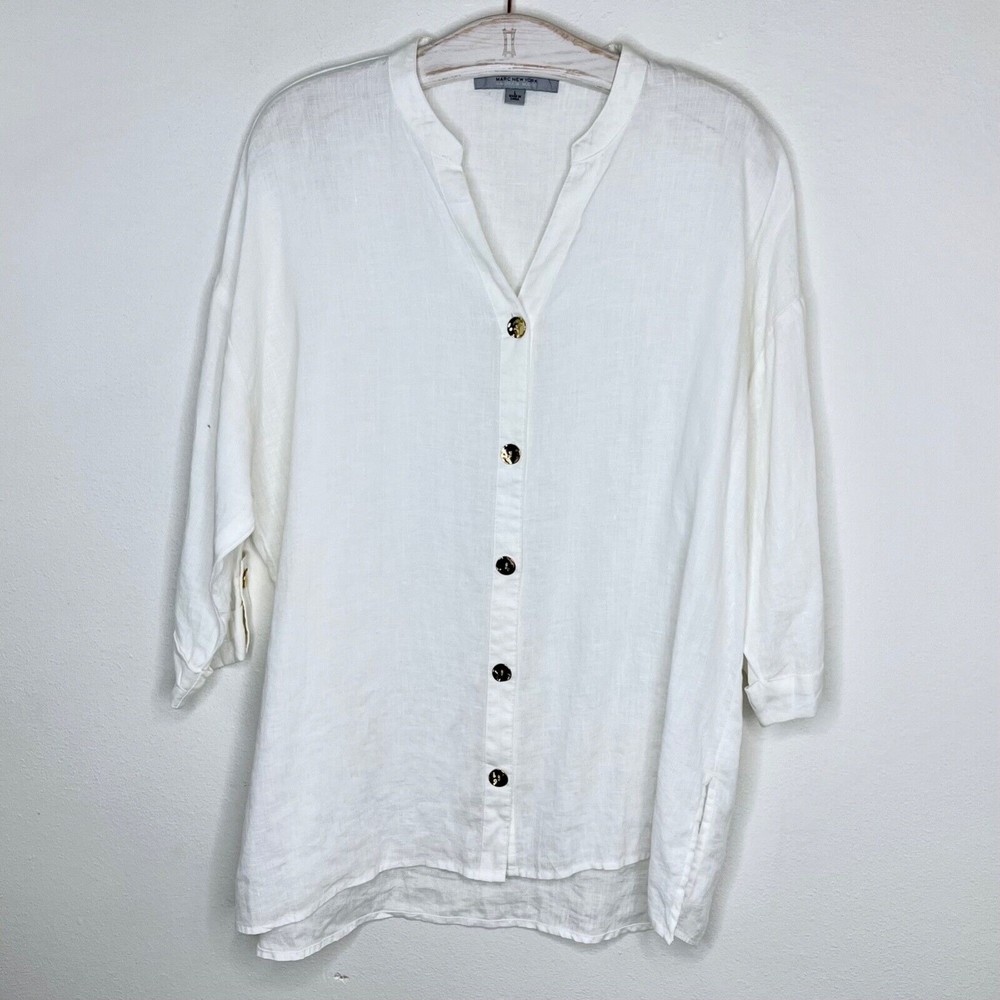 Marc New York Womens Large White Linen Tunic Gold Button Front Up Top